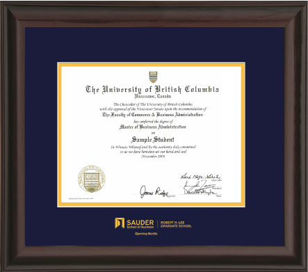SAUDER MBA - Mahogany finish wood frame with double mat board and gold embossed logo